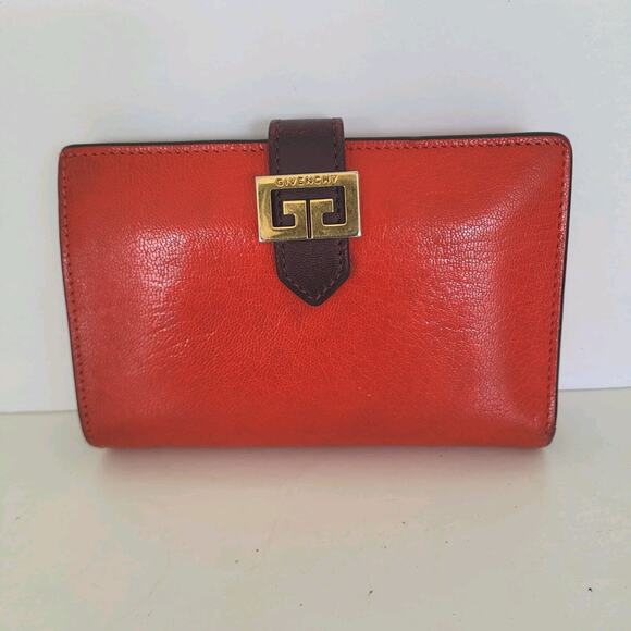 Givenchy Vintage Leather Wallet Red Purple Logo Bifold Medium Compact Designer - Picture 1 of 12